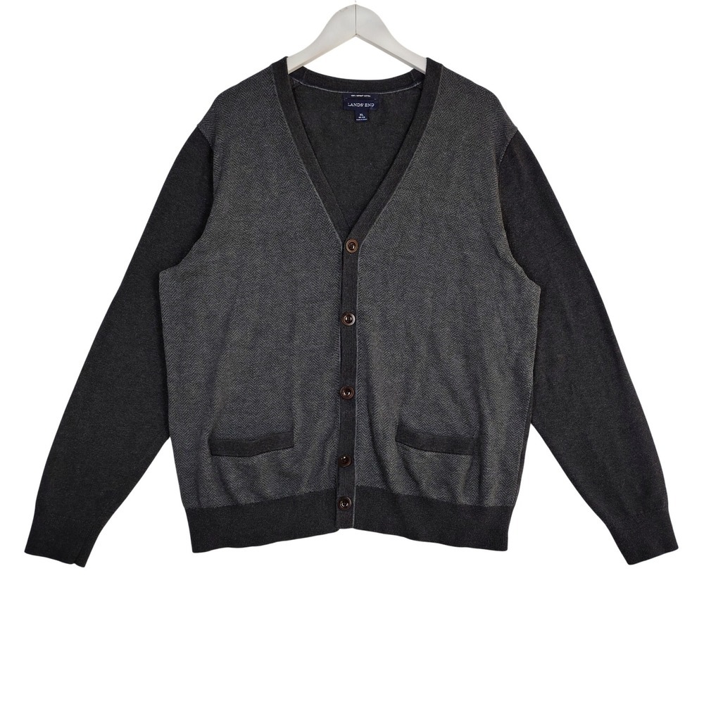 Lands End Mens XL Gray Herringbone Supima Cotton V-Neck Button Cardigan Sweater